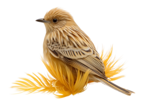 A small bird with brown and white feathers sits on a yellow feather. The bird is looking up at the camera png