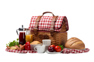 A basket of food with a red and white checkered cloth and a basket on top of it png