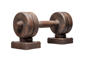 A rusty old dumbbell with a worn out handle. The handle is made of wood and the dumbbell is made of metal. The dumbbell is old and worn out, but it still has some life left in it png