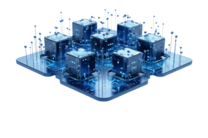 Abstract image of a futuristic data center showcasing interconnected technology, data storage, and digital networks. png