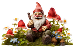 A gnome is sitting in a field of flowers and mushrooms. The gnome is holding a stick and he is smiling. The scene is whimsical and playful, with the gnome being the main focus of the image png