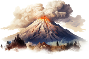A mountain with a volcano on top and a forest in the background. The volcano is spewing lava and smoke png