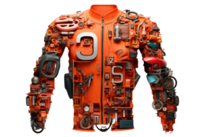A man's orange jacket is made of various objects, including a bicycle, a motorcycle, and a car. The jacket is a creative and unique piece of art png