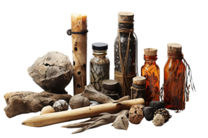 Assorted rustic bottles and natural elements setup, ideal for vintage, apothecary, or nature-themed projects and backgrounds. png
