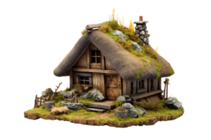 A small, old-fashioned house with a thatched roof and a stone chimney. The house is surrounded by a garden and has a stone path leading up to it. The house appears to be abandoned png