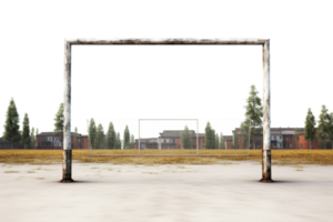 A rusty metal pole stands in the middle of a field. The pole is surrounded by a fence and is located in front of a row of houses. The scene is desolate and empty, with no people or activity visible png