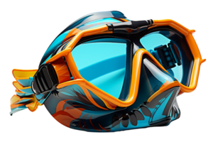A pair of goggles with a blue lens and orange frame. The goggles are designed to be worn in the water png