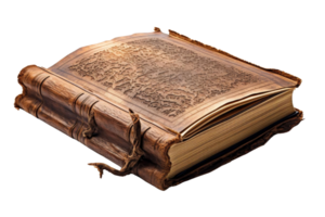 A book with a leather binding and a gold embossed spine. The spine is frayed and the pages are yellowed. The book is open to a page with a large, ornate design png
