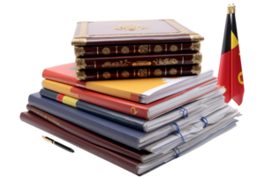 A stack of books with a red and black flag on top. The books are of different sizes and colors png