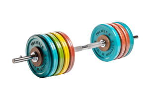 A set of colorful weight plates with the letters ILF on them. The weight plates are stacked on top of each other and the bars are silver png