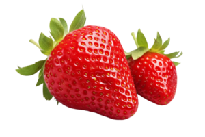 Close-up of two fresh, ripe strawberries with green leaves, showcasing vivid red color and texture, isolated on a transparent background. png