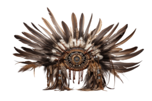 A feather headdress with a large circle in the center. The feathers are brown and white. The headdress is made of feathers and has a circular design in the center png