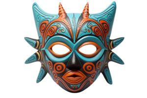 A blue and orange mask with horns and a black nose. The mask is decorated with swirls and has a menacing look png
