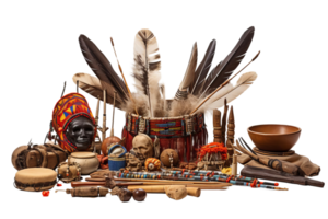A collection of items including feathers, a skull, and a bowl. Scene is one of curiosity and intrigue, as the items seem to be from a different culture or time period png