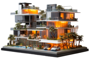 A model of a tall building with a pool and cars. The building is made of plastic and has a tropical theme png
