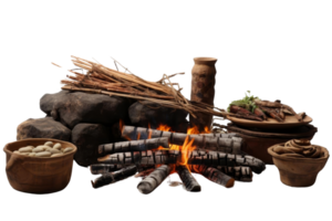 A fire is burning in front of a pile of wood and a bowl of nuts. The scene is rustic and primitive, with a sense of warmth and comfort png