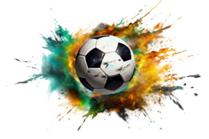 A soccer ball is surrounded by a colorful explosion of paint. The ball is the main focus of the image, and the explosion of paint creates a dynamic and energetic atmosphere png
