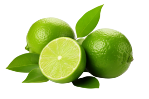 Fresh limes with green leaves isolated on transparent background. Perfect for recipes, drinks, and healthy food concepts. png