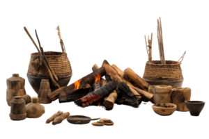 Traditional earthenware and wooden objects by a fireplace, showcasing rustic craftsmanship and heritage. Perfect for cultural and historical themes. png