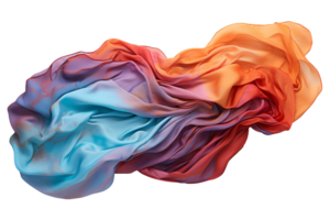 Vibrant flowing silk fabric in blue, purple, and orange hues, showcasing fluid motion and smooth texture, perfect for artistic and fashion concepts. png