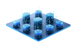 Futuristic digital data visualization with glowing blue bar charts over a circuit board, representing technology and analytics. png