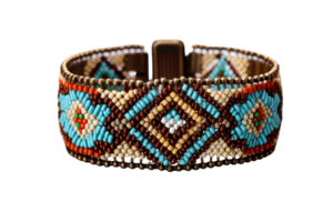 A bracelet with a blue and brown design. The bracelet is made of beads and has a gold clasp png