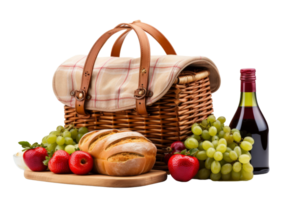 A basket of food and a bottle of wine are displayed on a table. The basket contains bread, grapes, and apples, while the wine bottle is red. Concept of relaxation and enjoyment, as the food png