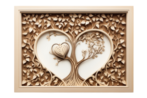 A wooden frame with a tree and a heart inside it. The tree is surrounded by leaves and branches, and the heart is positioned in the center of the frame. Scene is warm and inviting png