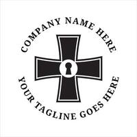 Minimalist logo with a cross symbol that blends with a keyhole in the middle. Suitable for security, technology, or lock and key services. vector