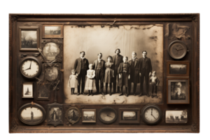 A family portrait with a clock in the background. The family is posed in a group, with a young girl in the center. The photo is black and white and has a vintage feel png