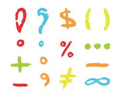 Chalk color punctuation marks, charcoal symbols by pencil, hand drawn lines, parentheses, plus, minus, more, less, question and exclamation marks, infinity, comma, dot, percentage, lines. Kids crayon vector