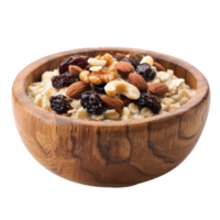 Oatmeal with nuts and raisins in wooden bowl isolate on transparency background png