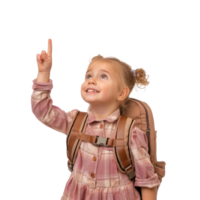 little girl with school backpack smiling with hand pointing up, standing isolate on transparency background png
