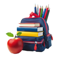 School bag and red apple and box of pen holder with stack book isolate on transparency background png