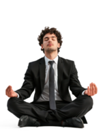 A man in a business suit with a tie that free and windblown is sitting in the lotus posture with closed eyes. On a pure transparency background png