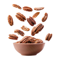 Falling Pecans in a bowl isolate on transparency background png