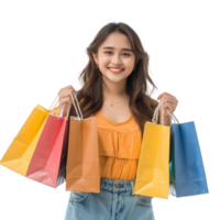 Smiling young woman with colorful shopping bag, standing isolate on transparency background png