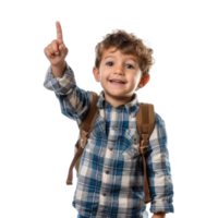 little boy with school backpack smiling with hand pointing up, standing isolate on transparency background png