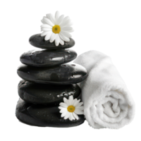 Black stack stones and white towel with fresh flower, spa concept isolate on transparency background png