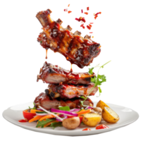 floated Stack of pork ribs with salad and potatoes falling into a plate isolate on transparency background png