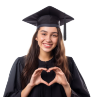 Smiling young female student wearing graduate cap making heart geture with hand, standing isolate on transparency background png