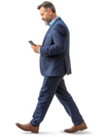 businessman using smartphone while walking, side view full body isolate on transparency background png