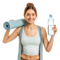 smiling young woman hand holding water bottle and yoga roll mat isolate on transparency background png