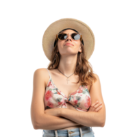 young woman wearing a summer hat and sunglasses looking up , standing front view full length isolate on transparency background png