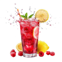 Delicious raspberry lemonade made with soda water falling into a glass isolate on transparency background png