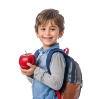 Happy boy with school backpack with red apple, standing isolate on transparency background png