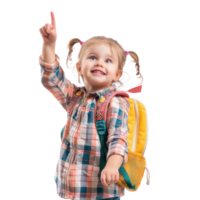 little girl with school backpack smiling with hand pointing up, standing isolate on transparency background png