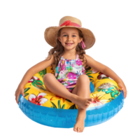 Happy little girl wearing summer clothes with inflatable swimming circle front view full length isolate on transparency background png
