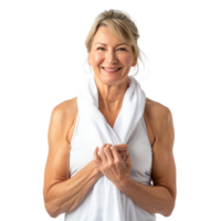 smiling mature woman with white towel ready to workout, standing isolate on transparency background png