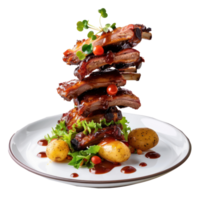 floated Stack of pork ribs with salad and potatoes falling into a plate isolate on transparency background png